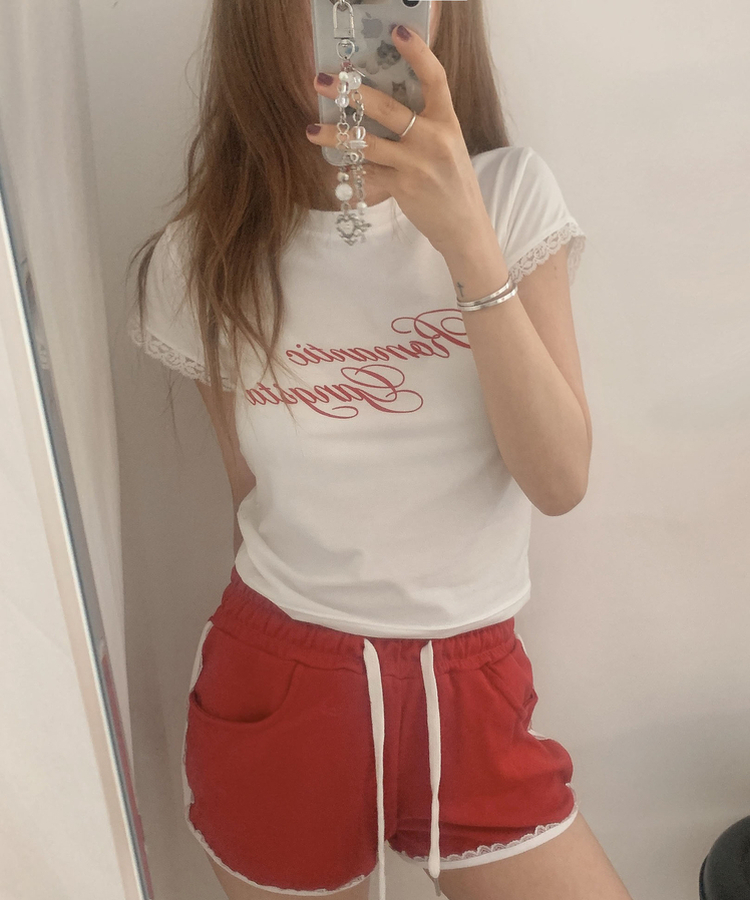レースミニ半袖Tシャツ IVORY