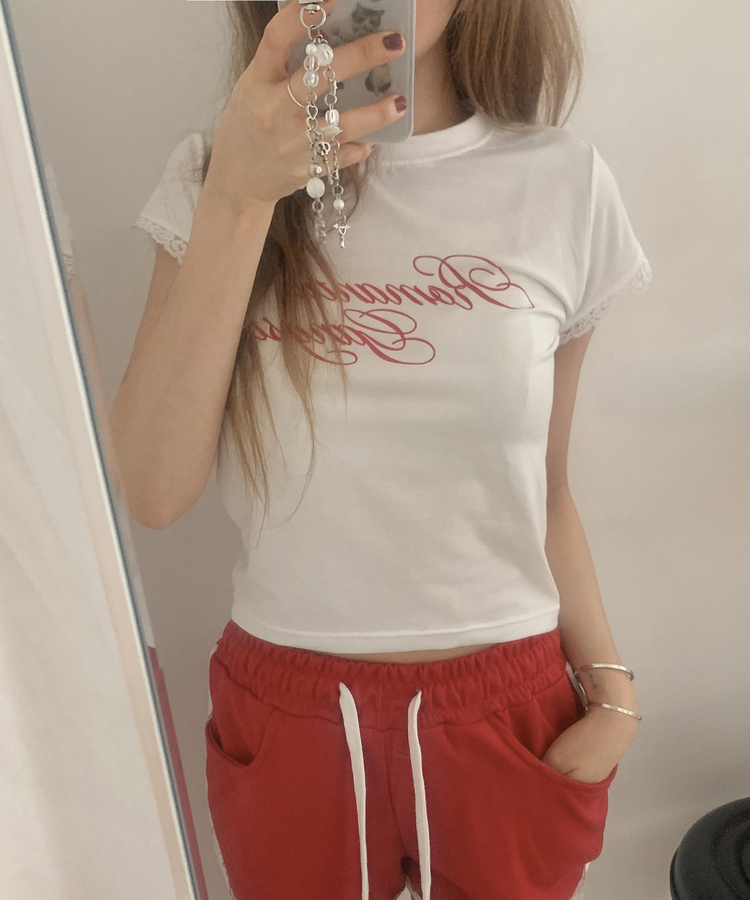 レースミニ半袖Tシャツ IVORY