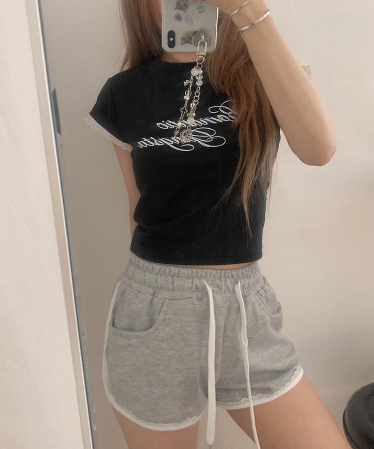 レースミニ半袖Tシャツ BLACK