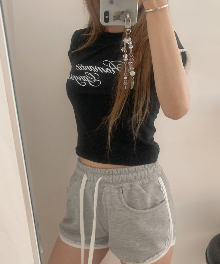 レースミニ半袖Tシャツ BLACK