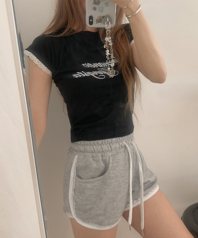 レースミニ半袖Tシャツ BLACK
