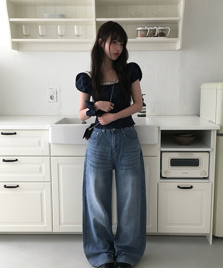 ブラウス ドットレースパフリボンブラウス NAVY