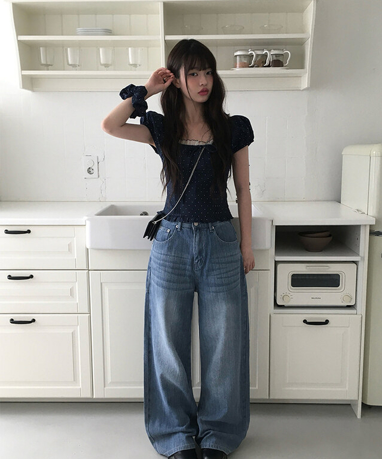 ブラウス ドットレースパフリボンブラウス NAVY