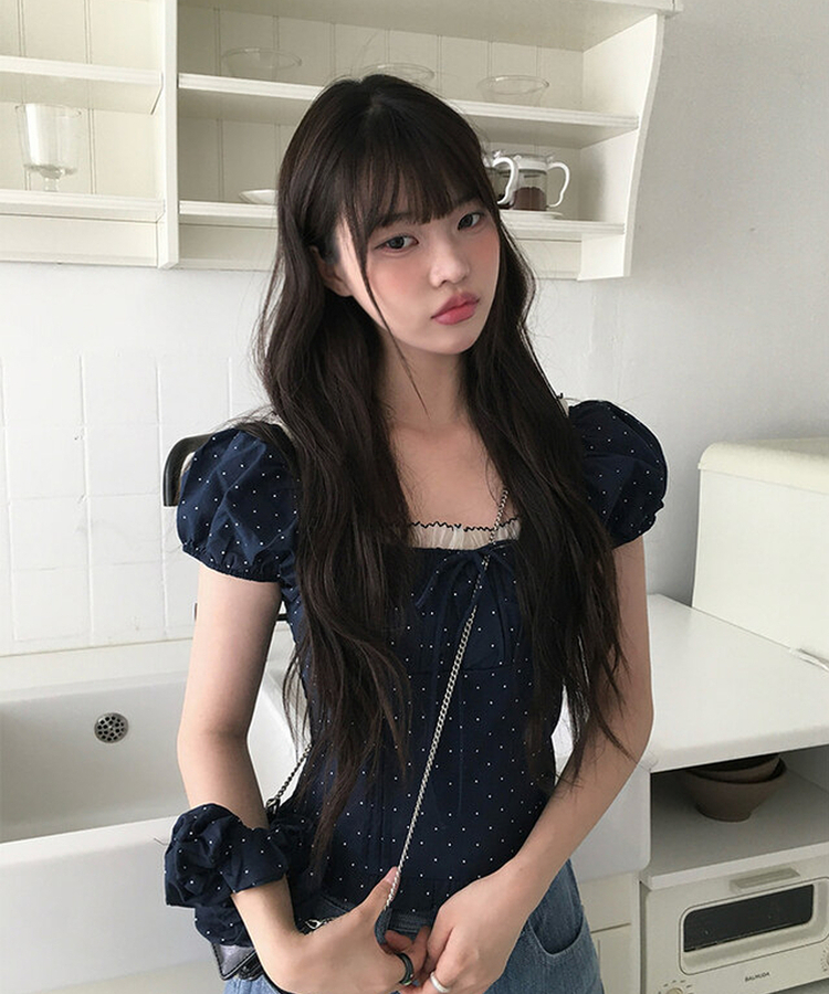 ブラウス ドットレースパフリボンブラウス NAVY