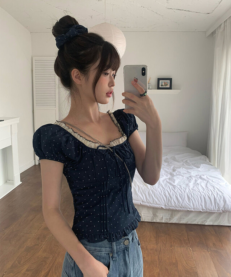ブラウス ドットレースパフリボンブラウス NAVY