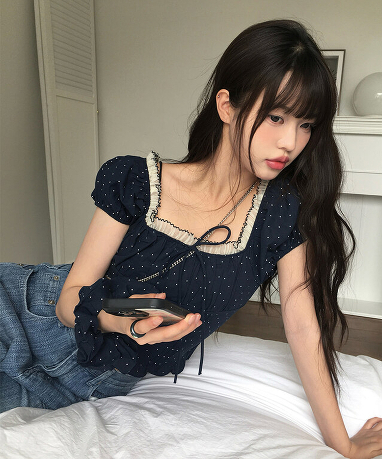 ブラウス ドットレースパフリボンブラウス NAVY
