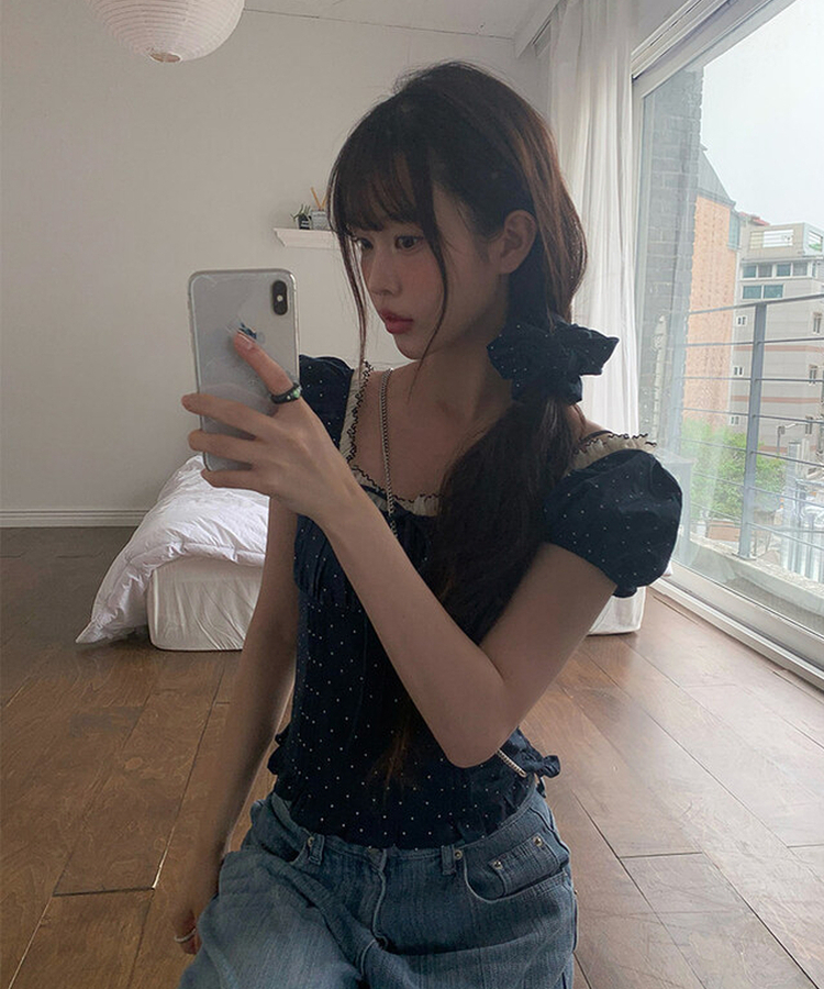 ブラウス ドットレースパフリボンブラウス NAVY