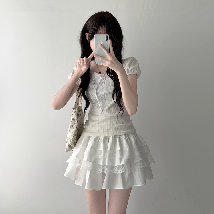 半袖Tシャツ 【SET着用可能】リボンパフ袖半袖Tシャツ レースティアードスカート IVORY-TOP