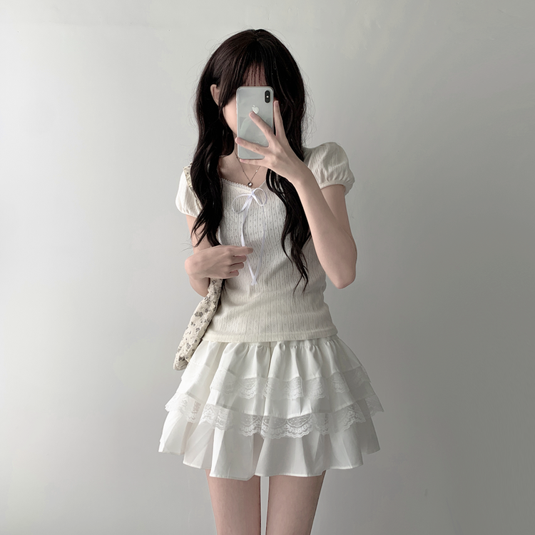 半袖Tシャツ 【SET着用可能】リボンパフ袖半袖Tシャツ レースティアードスカート IVORY-TOP