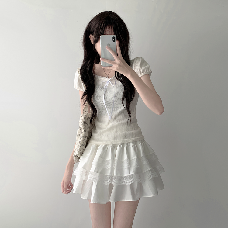 半袖Tシャツ 【SET着用可能】リボンパフ袖半袖Tシャツ レースティアードスカート IVORY-TOP
