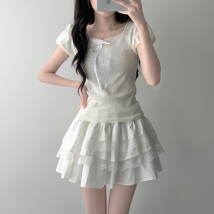 半袖Tシャツ 【SET着用可能】リボンパフ袖半袖Tシャツ レースティアードスカート IVORY-TOP
