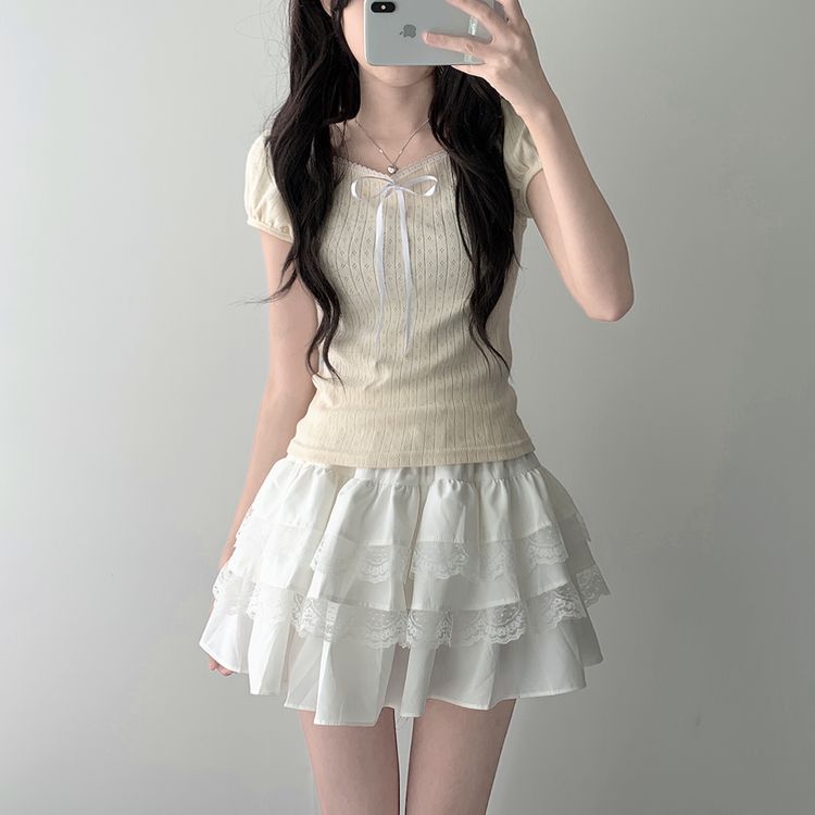 半袖Tシャツ 【SET着用可能】リボンパフ袖半袖Tシャツ レースティアードスカート CREAM-TOP