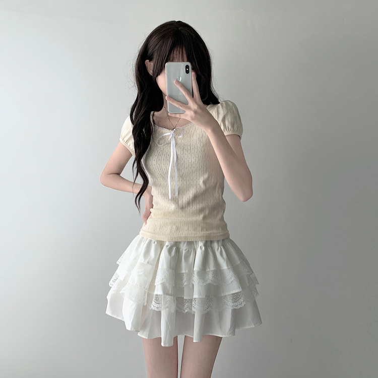 半袖Tシャツ 【SET着用可能】リボンパフ袖半袖Tシャツ レースティアードスカート CREAM-TOP