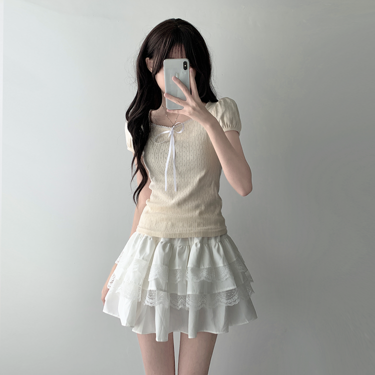 半袖Tシャツ 【SET着用可能】リボンパフ袖半袖Tシャツ レースティアードスカート CREAM-TOP