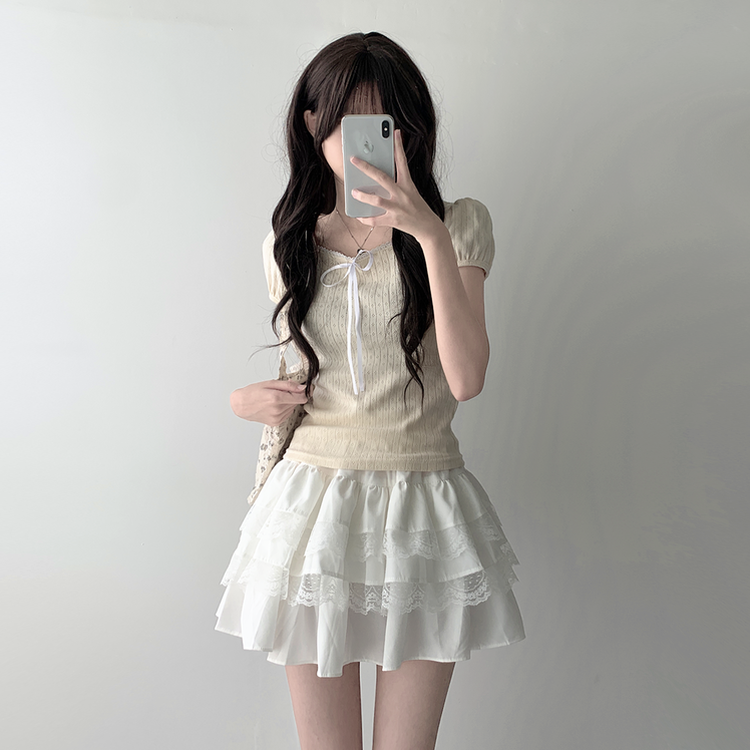半袖Tシャツ 【SET着用可能】リボンパフ袖半袖Tシャツ レースティアードスカート CREAM-TOP