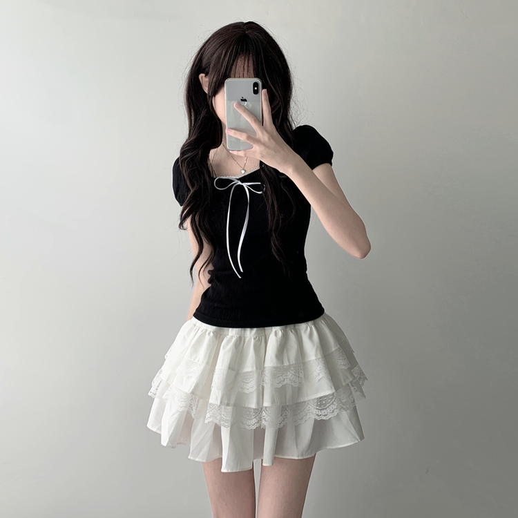 半袖Tシャツ 【SET着用可能】リボンパフ袖半袖Tシャツ レースティアードスカート BLACK-TOP