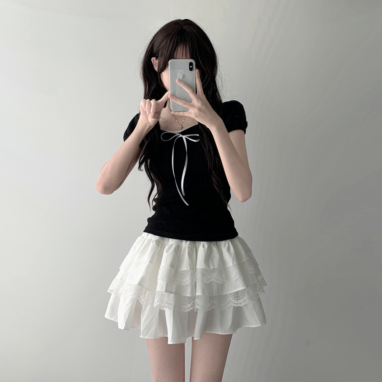 半袖Tシャツ 【SET着用可能】リボンパフ袖半袖Tシャツ レースティアードスカート BLACK-TOP