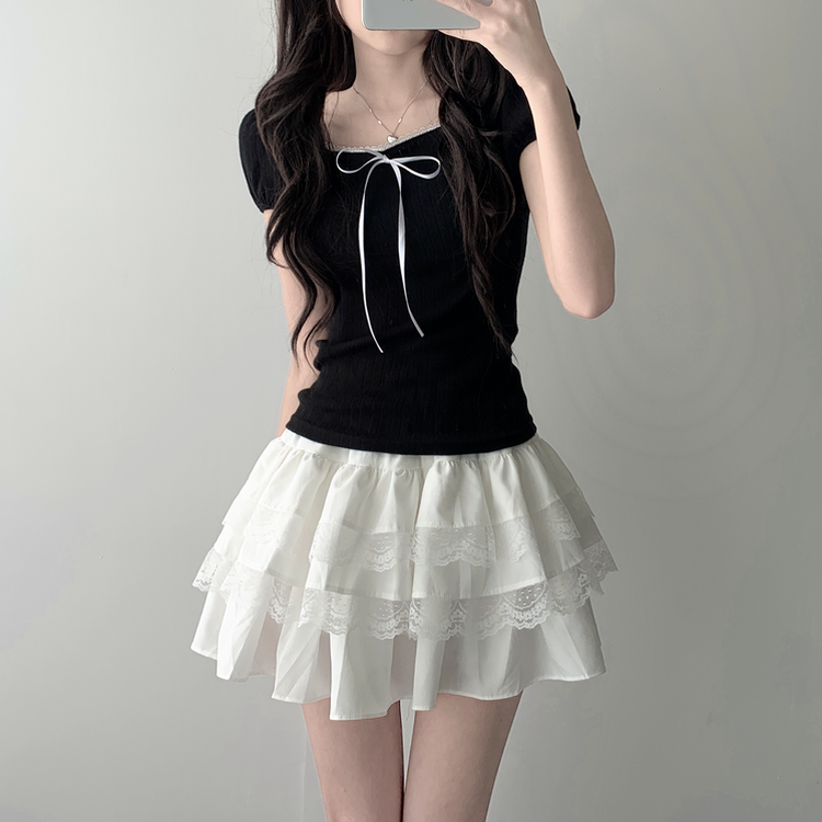 半袖Tシャツ 【SET着用可能】リボンパフ袖半袖Tシャツ レースティアードスカート BLACK-TOP