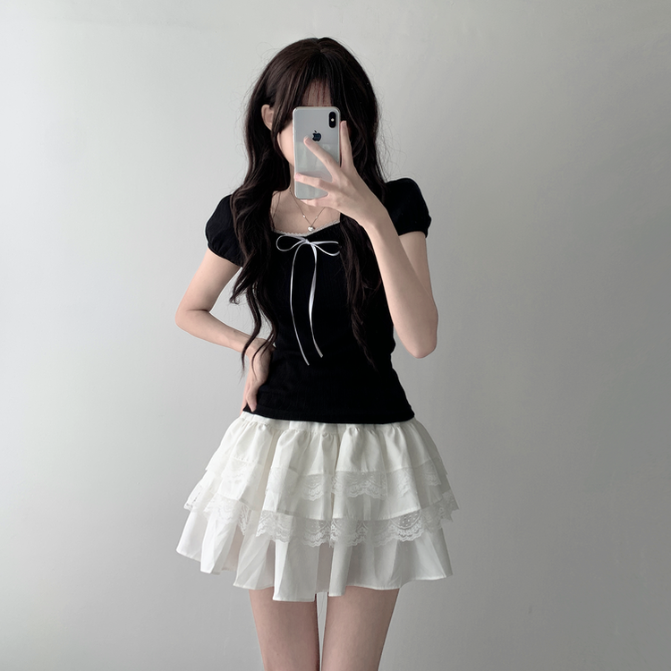 半袖Tシャツ 【SET着用可能】リボンパフ袖半袖Tシャツ レースティアードスカート BLACK-TOP