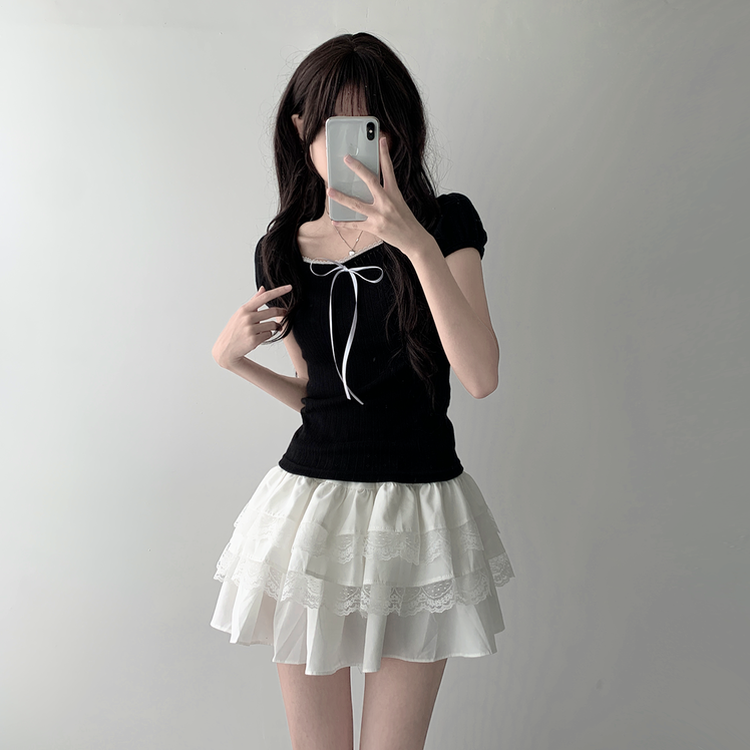 半袖Tシャツ 【SET着用可能】リボンパフ袖半袖Tシャツ レースティアードスカート BLACK-TOP