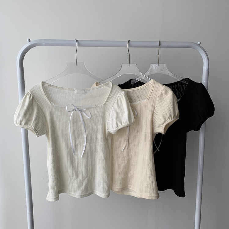 半袖Tシャツ 【SET着用可能】リボンパフ袖半袖Tシャツ レースティアードスカート