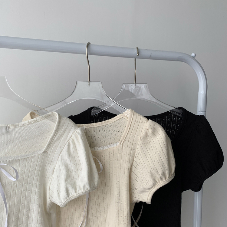 半袖Tシャツ 【SET着用可能】リボンパフ袖半袖Tシャツ レースティアードスカート