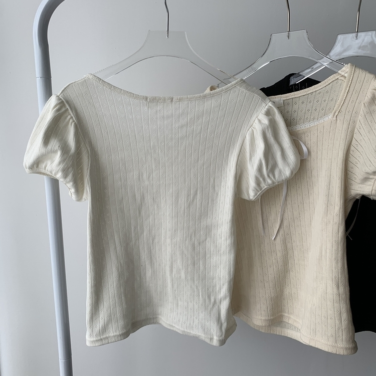 半袖Tシャツ 【SET着用可能】リボンパフ袖半袖Tシャツ レースティアードスカート