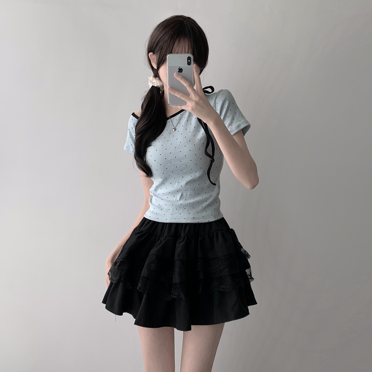 ツーピース 【SET着用可能】ドットアンバランス半袖Tシャツ レースティアードミニスカート(5color) SKY BLUE-TOP