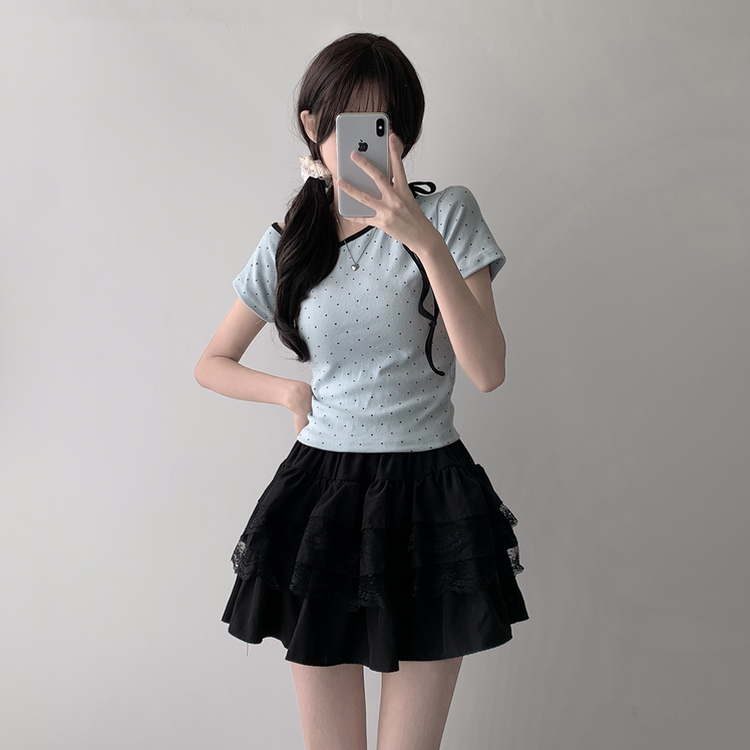 ツーピース 【SET着用可能】ドットアンバランス半袖Tシャツ レースティアードミニスカート(5color) SKY BLUE-TOP