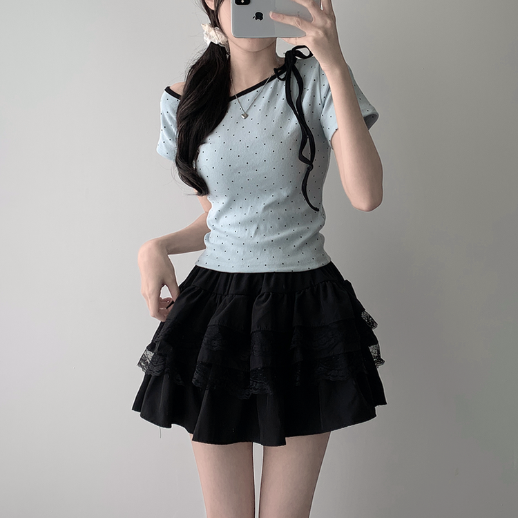 ツーピース 【SET着用可能】ドットアンバランス半袖Tシャツ レースティアードミニスカート(5color) SKY BLUE-TOP