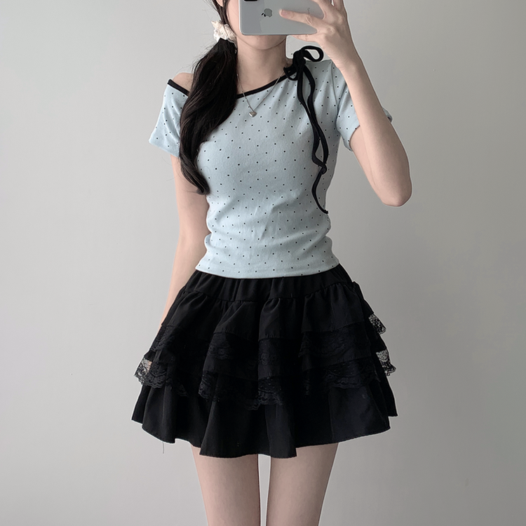 ツーピース 【SET着用可能】ドットアンバランス半袖Tシャツ レースティアードミニスカート(5color) SKY BLUE-TOP