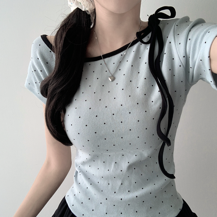 ツーピース 【SET着用可能】ドットアンバランス半袖Tシャツ レースティアードミニスカート(5color) SKY BLUE-TOP