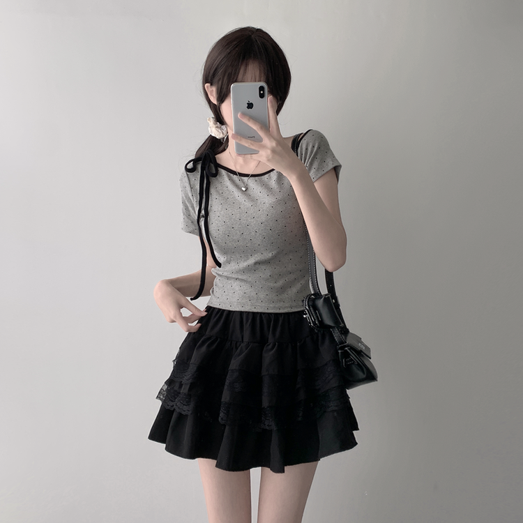ツーピース 【SET着用可能】ドットアンバランス半袖Tシャツ レースティアードミニスカート(5color) GREY-TOP