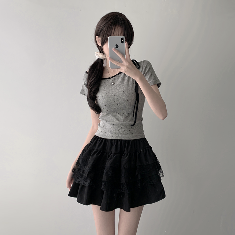 ツーピース 【SET着用可能】ドットアンバランス半袖Tシャツ レースティアードミニスカート(5color) GREY-TOP