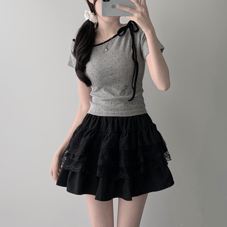 ツーピース 【SET着用可能】ドットアンバランス半袖Tシャツ レースティアードミニスカート(5color) GREY-TOP