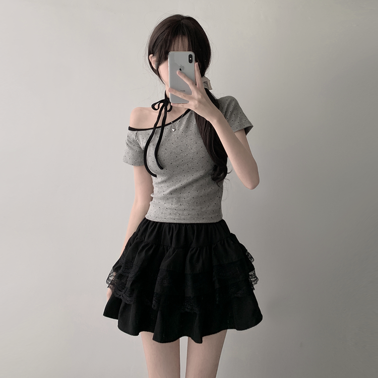 ツーピース 【SET着用可能】ドットアンバランス半袖Tシャツ レースティアードミニスカート(5color) GREY-TOP