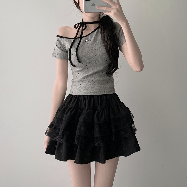 ツーピース 【SET着用可能】ドットアンバランス半袖Tシャツ レースティアードミニスカート(5color) GREY-TOP