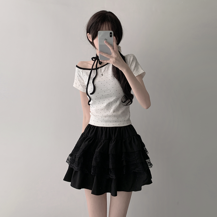 ツーピース 【SET着用可能】ドットアンバランス半袖Tシャツ レースティアードミニスカート(5color) IVORY-TOP