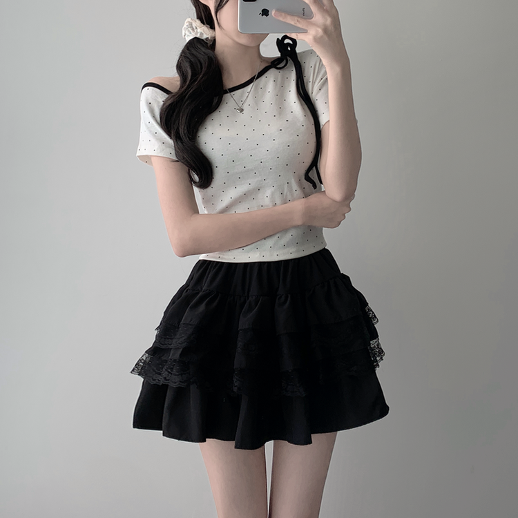 ツーピース 【SET着用可能】ドットアンバランス半袖Tシャツ レースティアードミニスカート(5color) IVORY-TOP
