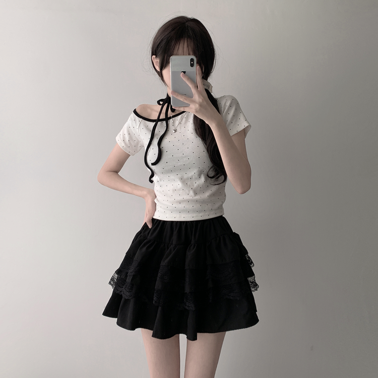 ツーピース 【SET着用可能】ドットアンバランス半袖Tシャツ レースティアードミニスカート(5color) IVORY-TOP