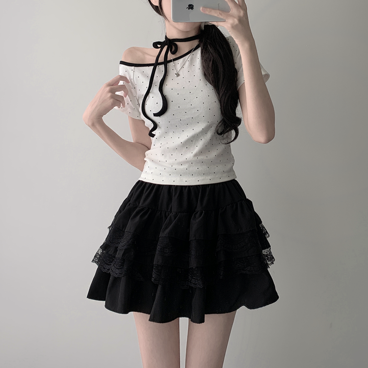 ツーピース 【SET着用可能】ドットアンバランス半袖Tシャツ レースティアードミニスカート(5color) IVORY-TOP