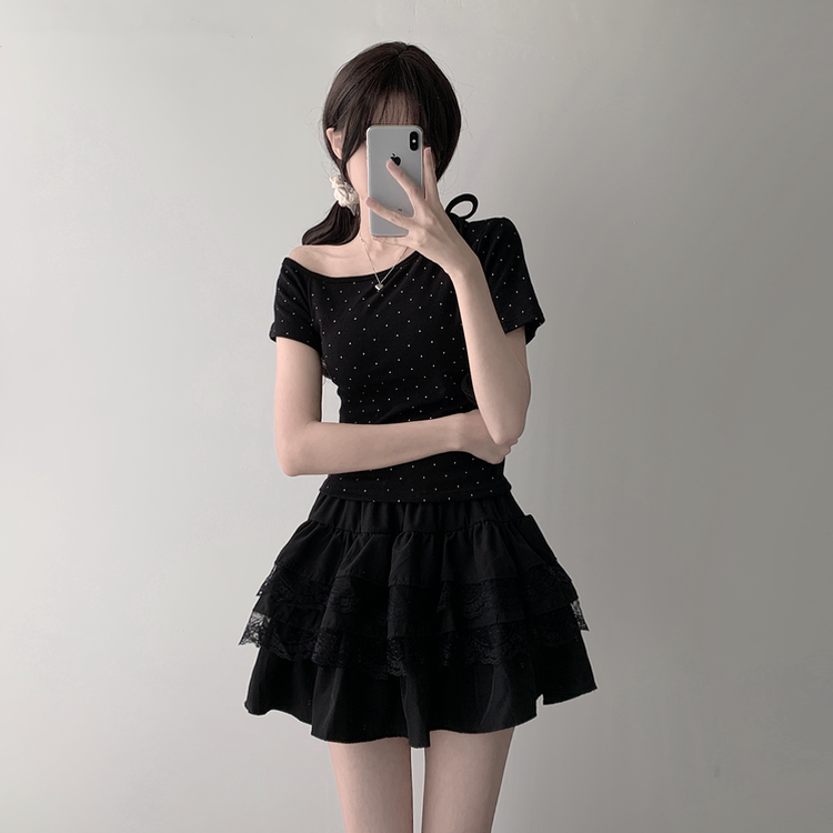 ツーピース 【SET着用可能】ドットアンバランス半袖Tシャツ レースティアードミニスカート(5color) BLACK-TOP