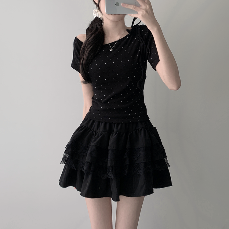 ツーピース 【SET着用可能】ドットアンバランス半袖Tシャツ レースティアードミニスカート(5color) BLACK-TOP