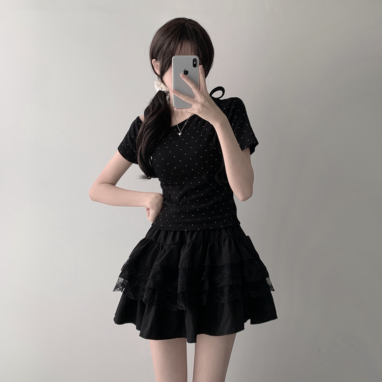 ツーピース 【SET着用可能】ドットアンバランス半袖Tシャツ レースティアードミニスカート(5color) BLACK-TOP