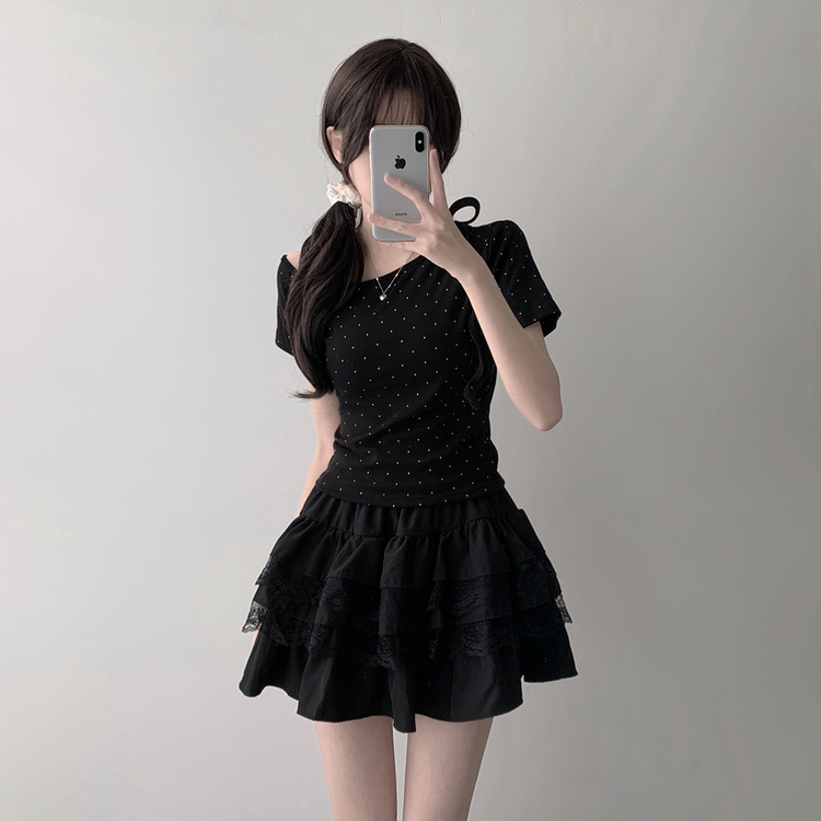 ツーピース 【SET着用可能】ドットアンバランス半袖Tシャツ レースティアードミニスカート(5color) BLACK-TOP