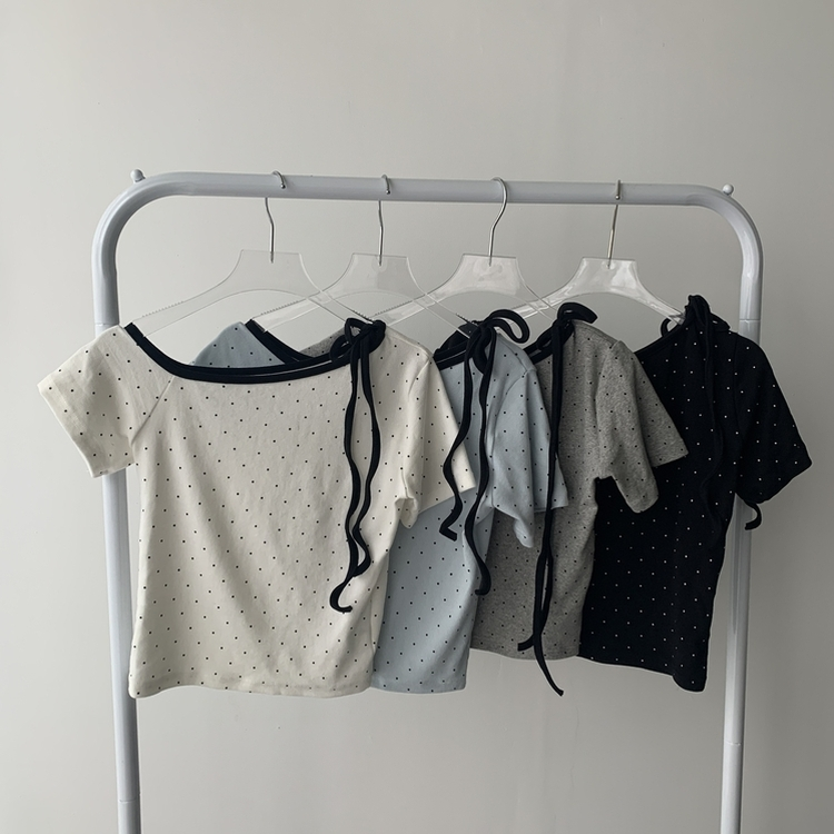 ツーピース 【SET着用可能】ドットアンバランス半袖Tシャツ レースティアードミニスカート(5color)
