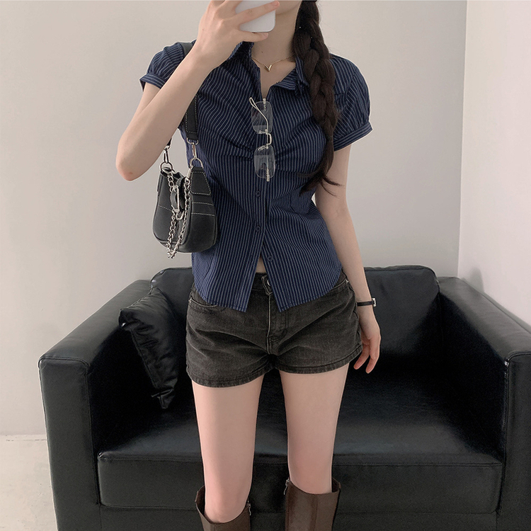 シャツ スリムストライプシャーリング半袖シャツ NAVY