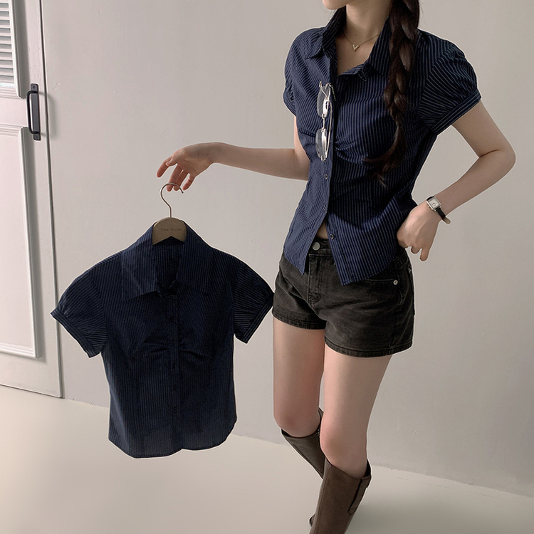 シャツ スリムストライプシャーリング半袖シャツ NAVY