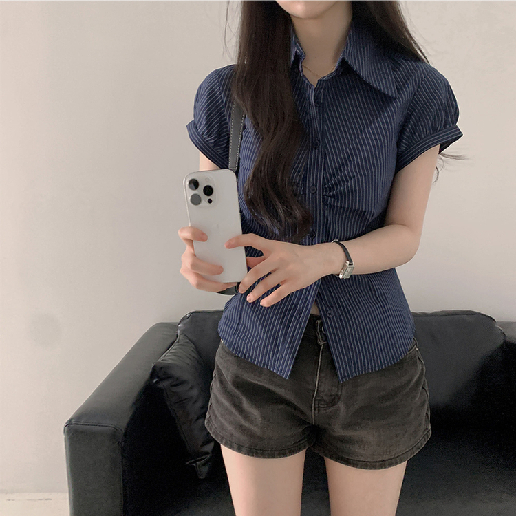 シャツ スリムストライプシャーリング半袖シャツ NAVY