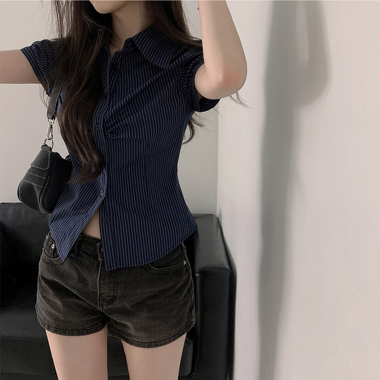 シャツ スリムストライプシャーリング半袖シャツ NAVY